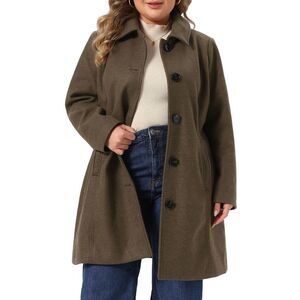 Women Plus Size Lapel Collared Single Breasted Warm Long Coat Brown